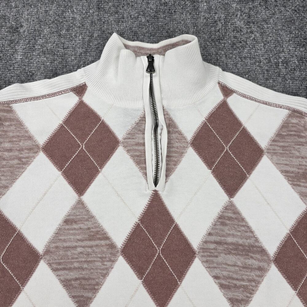 BKE Sweater Mens Large White Brown Argyle 1/4 Zip Mock Neck Cotton Knit Pullover - Picture 11 of 16